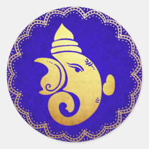 Klassieke Gouden Ganapati Indiase Hindoe God Blauw Ronde Sticker