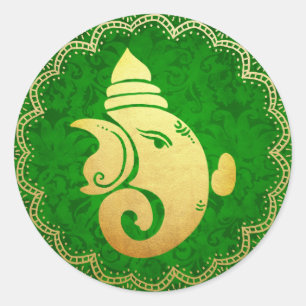 Klassieke Gouden Ganapati Indiase Hindoe God Groen Ronde Sticker