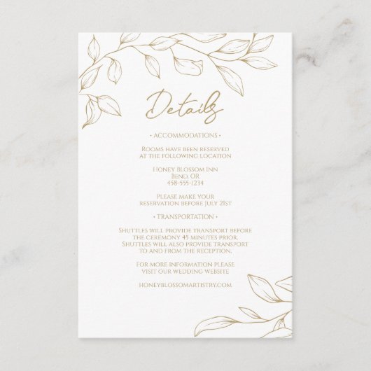 Klassieke Gouden Groen Bruiloft Details Informatiekaartje (Voorkant)