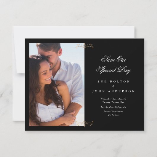 Klassieke gouden kuif zwart wit foto Save the date Aankondiging (Achterkant)