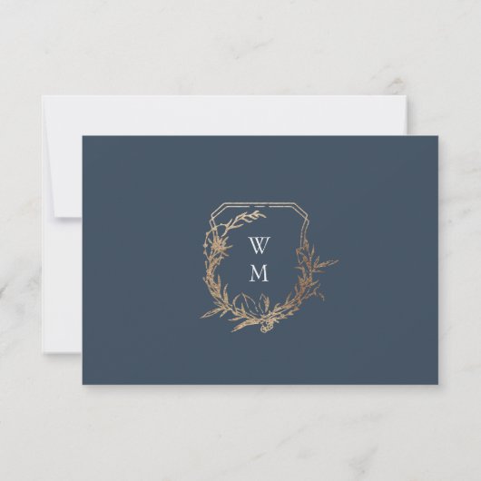 klassieke gouden marine blauw monogram kuif bruilo RSVP kaartje (Achterkant)