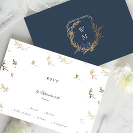 klassieke gouden marine blauw monogram kuif bruilo RSVP kaartje