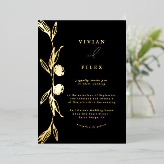 Klassieke gouden mini bloemencapsule bruiloft folie uitnodiging (Staand Voorkant)