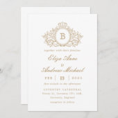 Klassieke Gouden Monogram Crest Bruiloft Uitnodigi Kaart (Voorkant / Achterkant)