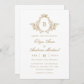 Klassieke Gouden Monogram Crest Bruiloft Uitnodigi Kaart (Voorkant / Achterkant)
