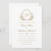 Klassieke Gouden Monogram Crest Bruiloft Uitnodigi Kaart (Voorkant / Achterkant)