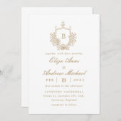 Klassieke Gouden Monogram Crest Bruiloft Uitnodigi Kaart (Voorkant / Achterkant)