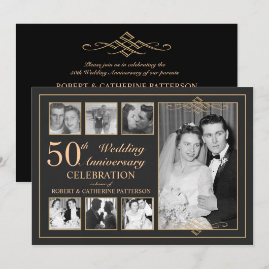 Klassieke Gouden & Zwarte Foto Huwelijksjubileum Kaart (Voorkant / Achterkant)