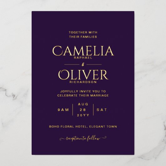Klassieke GOUDFOLIE Tekst Pr Plum Paars Trouw Eleg Folie Uitnodiging (Voorkant)