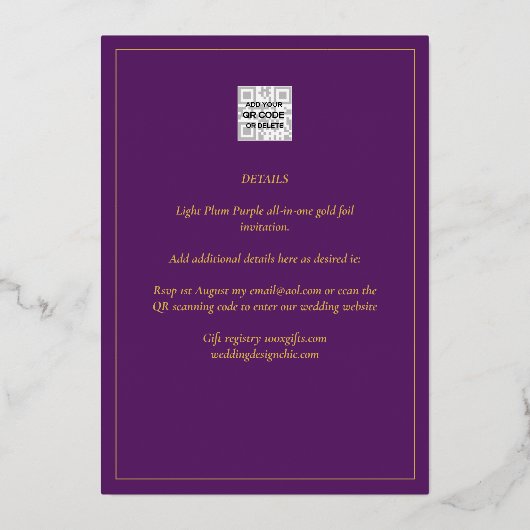 Klassieke GOUDFOLIE Tekst Pr Plum Paars Trouw Eleg Folie Uitnodiging (Achterkant)