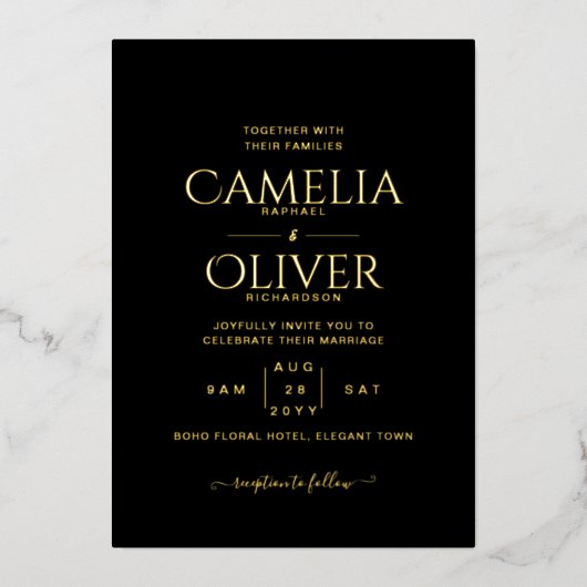 Klassieke GOUDFOLIE Tekst Zwarte Huwelijk Elegant Folie Uitnodiging (Voorkant)