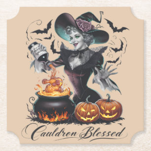 Klassieke Grappige Heks Ketel Gezegende Halloween Kartonnen Onderzetters