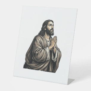 Klassieke Gravure Biddende Man Religieus Shirt Des Reclamebord Met Voetstuk