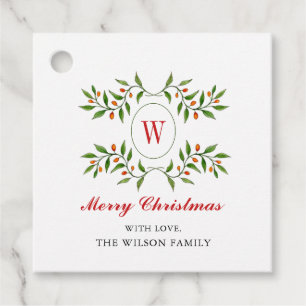 Klassieke Greenery en Citrus Monogram Kerstmis Bedankjes Labels
