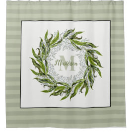 Klassieke Greenery Wreath Monogram Sage Stripes Douchegordijn