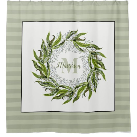 Klassieke Greenery Wreath Monogram Sage Stripes Douchegordijn (Voorkant)