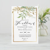 Klassieke grens Golden Leaves Greenery bruiloft Kaart (Staand voorkant)