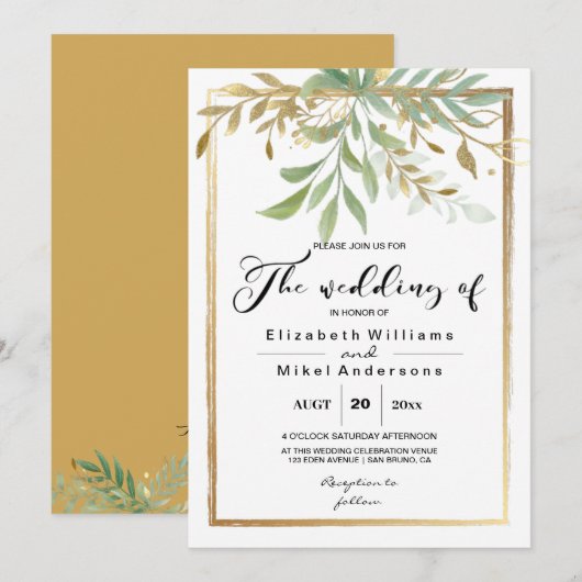 Klassieke grens Golden Leaves Greenery bruiloft Kaart (Voorkant / Achterkant)