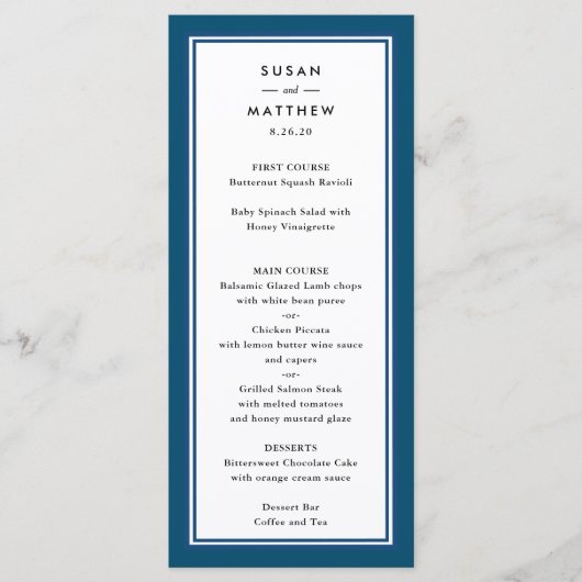 Klassieke grens marineblauw huwelijk menu (Voorkant)