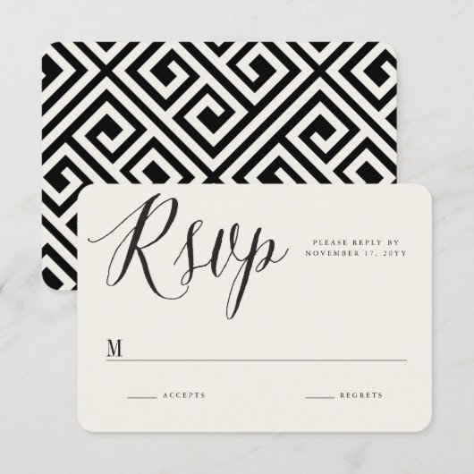 Klassieke Griekse Sleutel Kalligrafie Script Chiqu RSVP Kaartje (Voorkant / Achterkant)