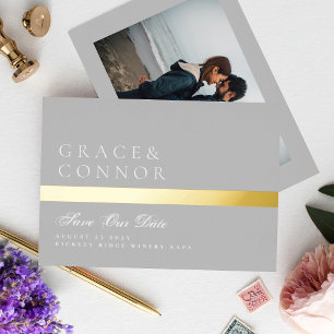 Klassieke Grijze Gouden Streep Foto Save The Date Folie Uitnodiging