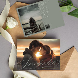 Klassieke Grijze Groene Kalligrafie QR Code Twee F Save The Date