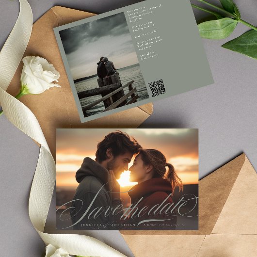 Klassieke Grijze Groene Kalligrafie QR Code Twee F Save The Date