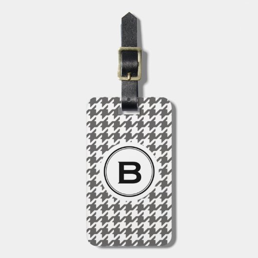 Klassieke grijze houndstooth met monogram bagagelabel (Voorkant verticaal)