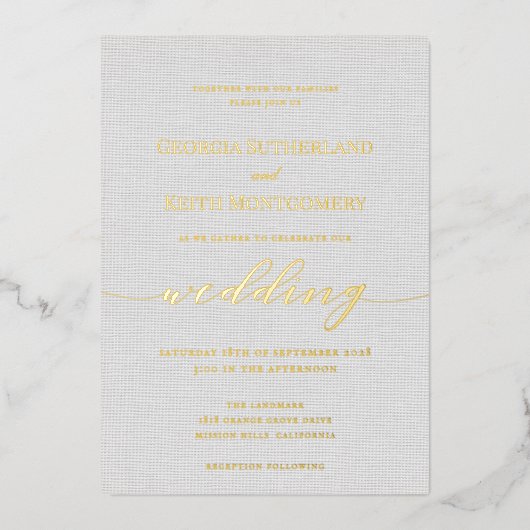 Klassieke grijze linnen Wedding Gold Foil uitnodig Folie Uitnodiging (Voorkant)