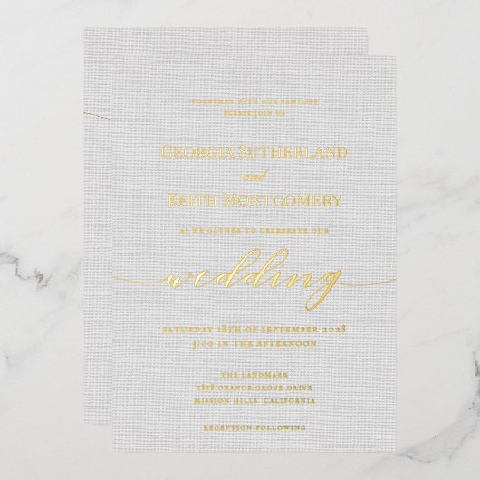 Klassieke grijze linnen Wedding Gold Foil uitnodig Folie Uitnodiging (Voorkant / Achterkant)