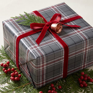 Klassieke grijze rode streep Kerstmis tartan plaid Cadeaupapier