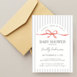 Klassieke Grijze Strepen Rode Lint Baby Shower Kaart