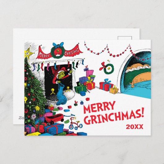 Klassieke Grinch | Grinch in schoorsteen Feestdagenkaart (Voorkant / Achterkant)