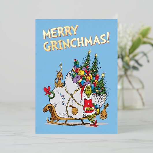 Klassieke Grinch | Grinch & Max Weglopende slee Folie Feestdagenkaart (Staand Voorkant)