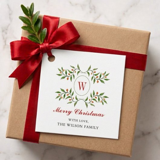 Klassieke groen & citrus monogram Kerstmis Bedankjes Labels