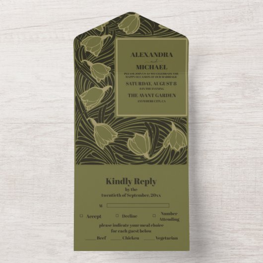 Klassieke Groene Art Nouveau Bruiloft All In One Uitnodiging (Binnen)