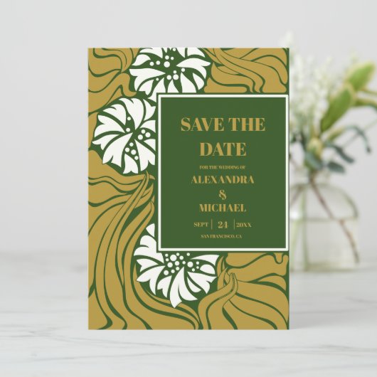 Klassieke Groene Art Nouveau Bruiloft Save The Date (Staand voorkant)