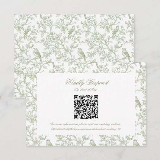 Klassieke groene bloem- en vogeltoile QR-code RSVP Kaartje (Voorkant / Achterkant)