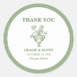 Klassieke Groene Bloemen Stripe Wedding Dank u Ronde Sticker