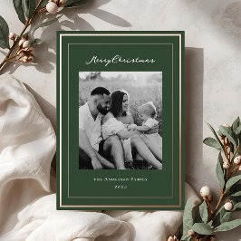 Klassieke groene bos en gouden lijst familiefoto folie feestdagenkaart