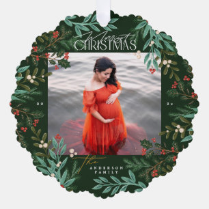 Klassieke Groene Botanische Kerstmis foto Ornament Kaart
