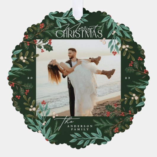 Klassieke Groene Botanische Kerstmis foto Ornament Kaart (Voorkant)