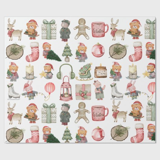 Klassieke Groene en Rode Kerstmiselementen Cadeaupapier (Vlak)