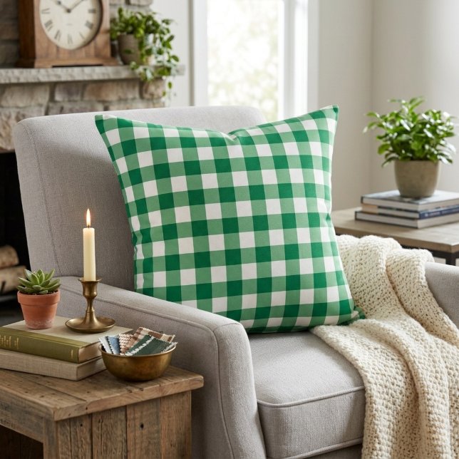 Klassieke groene en witte gingham ruit kussen (Classic Green And White Gingham Plaid Throw Pillow)