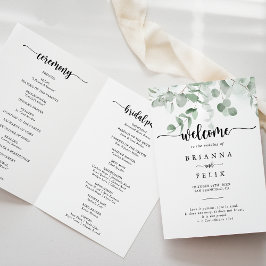 Klassieke groene Eucalyptus Foliage Folded Wedding Programma