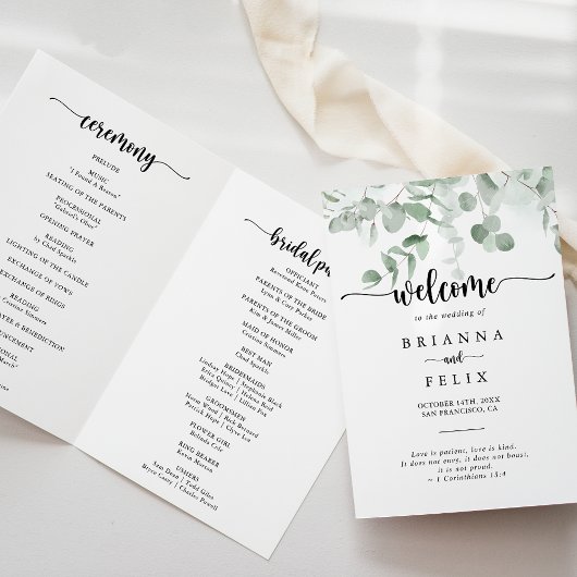 Klassieke groene Eucalyptus Foliage Folded Wedding Programma