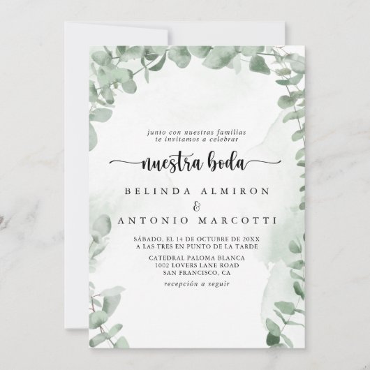 Klassieke groene eucalyptus Foliage Nuestra Boda Kaart (Voorkant)
