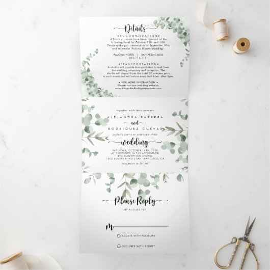 Klassieke groene eucalyptus-oliage bruiloft drieluik uitnodiging (Binnen)