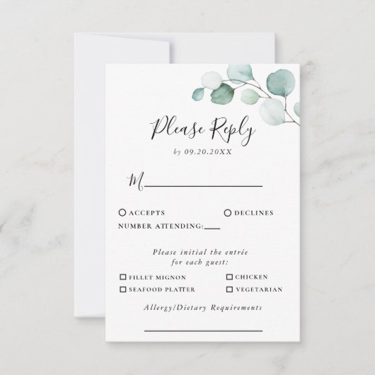 Klassieke groene Eucalyptus Wedding Menu Keuze Rea (Voorkant)