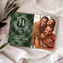 Klassieke groene geruite monogram foto kerstkaarte